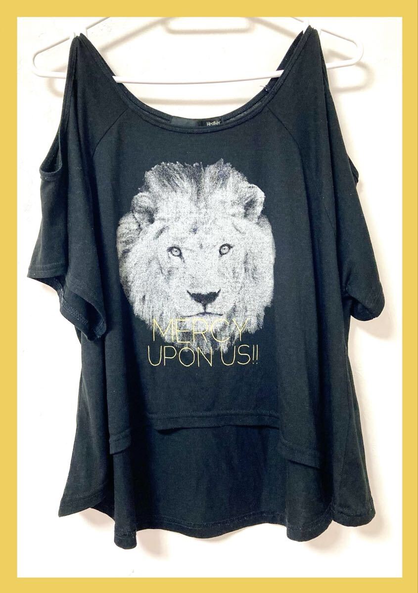 【Heather】ライオンプリント オフショルダー Tシャツ カットソー☆フリーサイズ拍卖