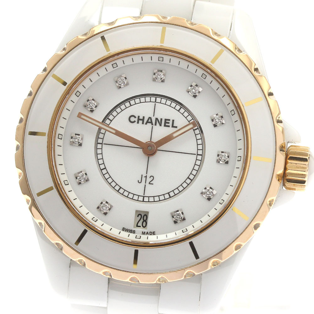 シャネル CHANEL H2180 J12 白セラミック 11Pダイヤ PGベゼル クォーツ メンズ 良品 _877793拍卖