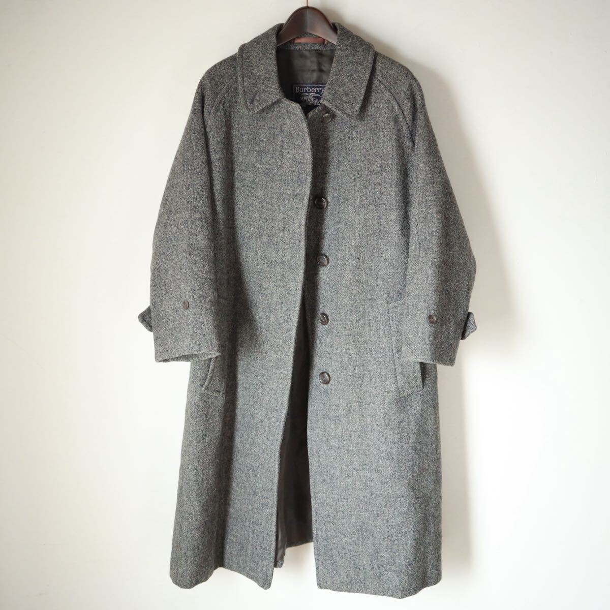 【一枚袖】ヴィンテージ バーバリー シングルラグランコートコート ハリス ツイード イングランド製 グレー Burberrys拍卖