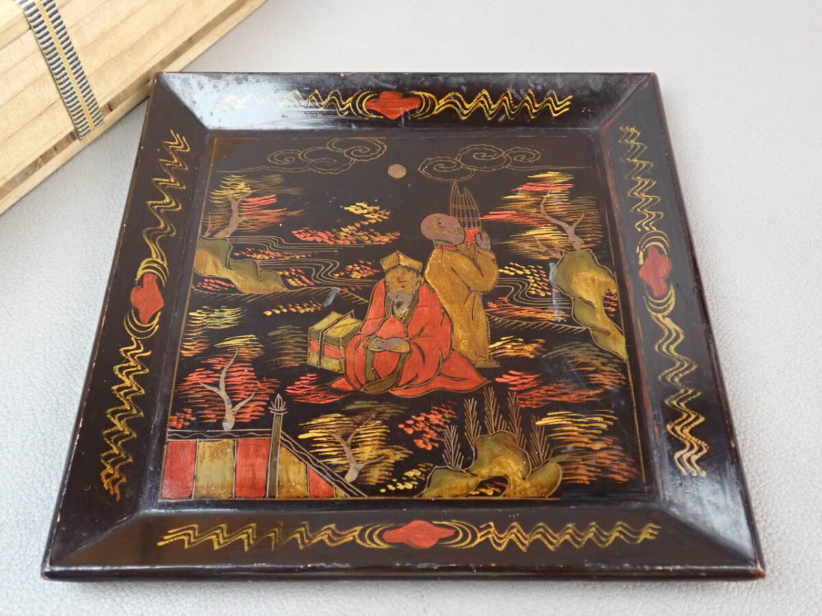 【骨董・茶道具】★古い 漆絵★★人物文四方盆 go093wb 菓子器 盛鉢 和食器 古渡 中国古玩拍卖