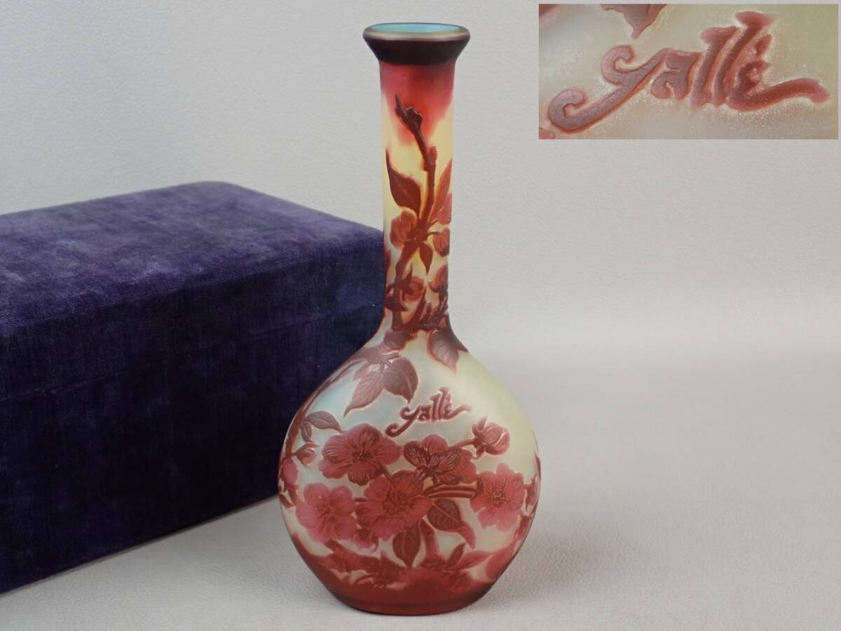 【骨董・茶道具】★エミール・ガレ Emile Galle★★酸化腐食彫被せガラス 桜文花瓶 go064ul 花道 華道拍卖