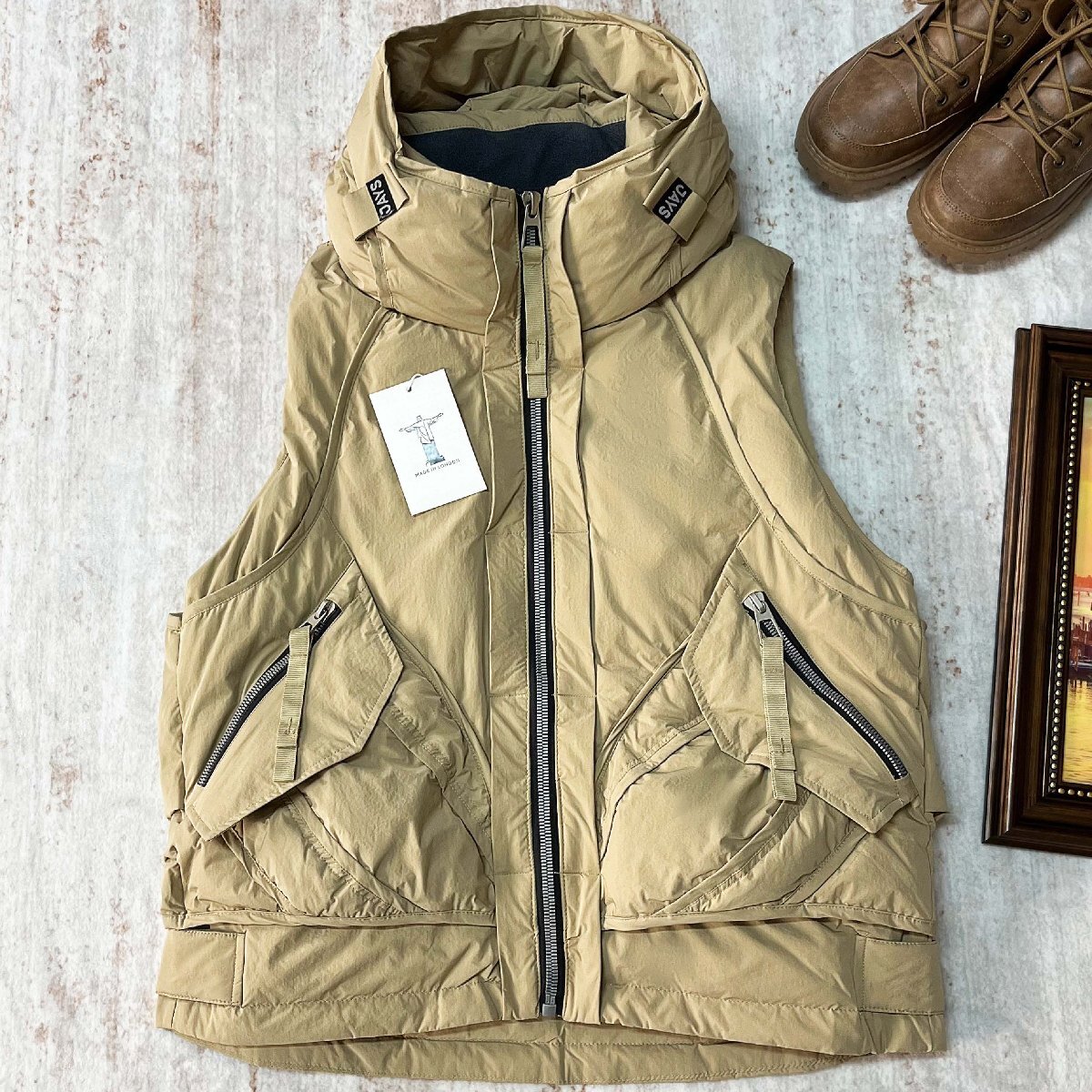 ダウンベスト ロンドン製造 上質 ダックダウン90% 保温 防風 スタンドカラー フード付き 無地 カジュアル アウター お出掛け 秋冬 SIZE:M拍卖