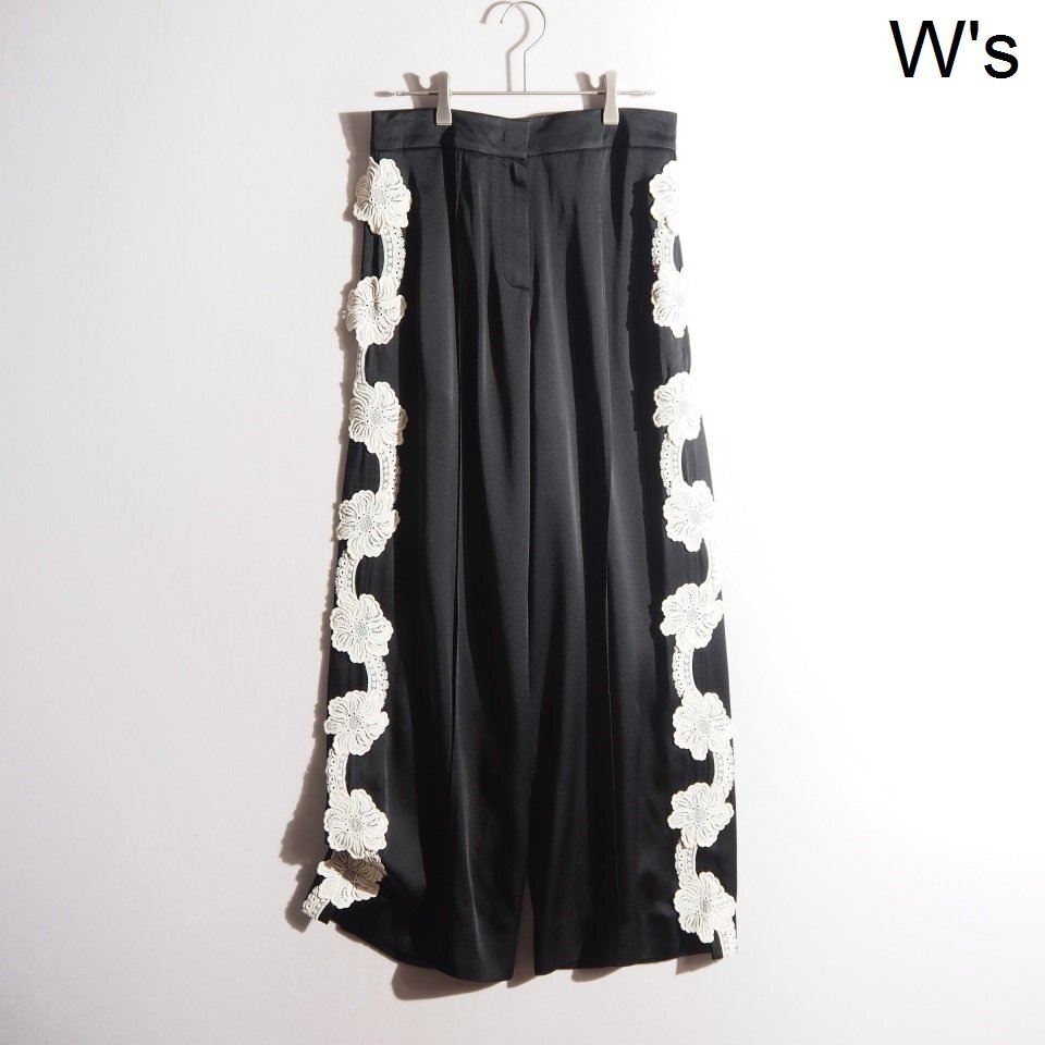 R2169P ▼JIL SANDER ジルサンダー▼ 25SS エンバーサテンエンブロイダリーパンツ ブラック 34 / レース付き サテンパンツ 春~秋 rb mks拍卖