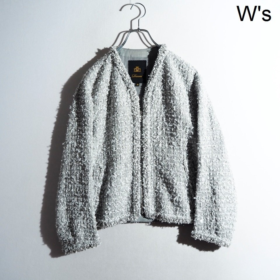 R2601P ▼Drawer ドゥロワー▼ 25SS ツイード Vネックジャケット グレー 38 / オーバーサイズ ノーカラー ジップジャケット 春~秋 rb mks拍卖