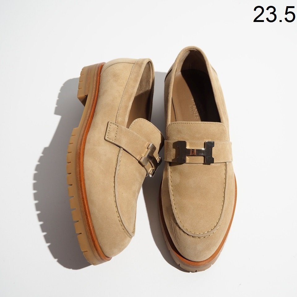 x6785P ▼HERMES エルメス▼ Faubourg フォーブル ゴートスキンスエード Hバックル ローファー ベージュ 36.5/23.5cm シューズ rb mks拍卖