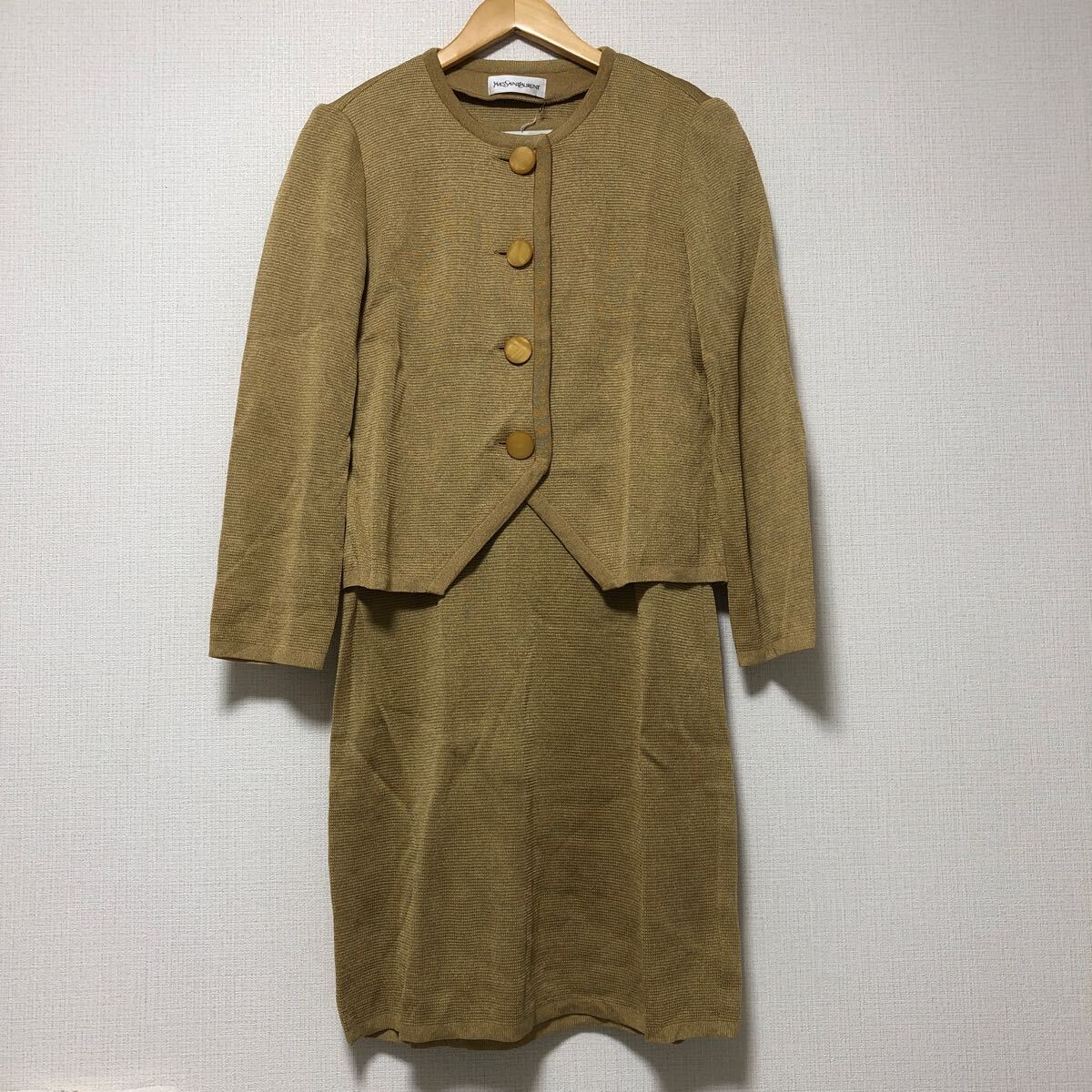 (k) VINTAGE YVES SAINT LAURENT イヴサンローラン レーヨン ニットジャケット ワンピース M 長袖 レディース セットアップ ベージュ拍卖