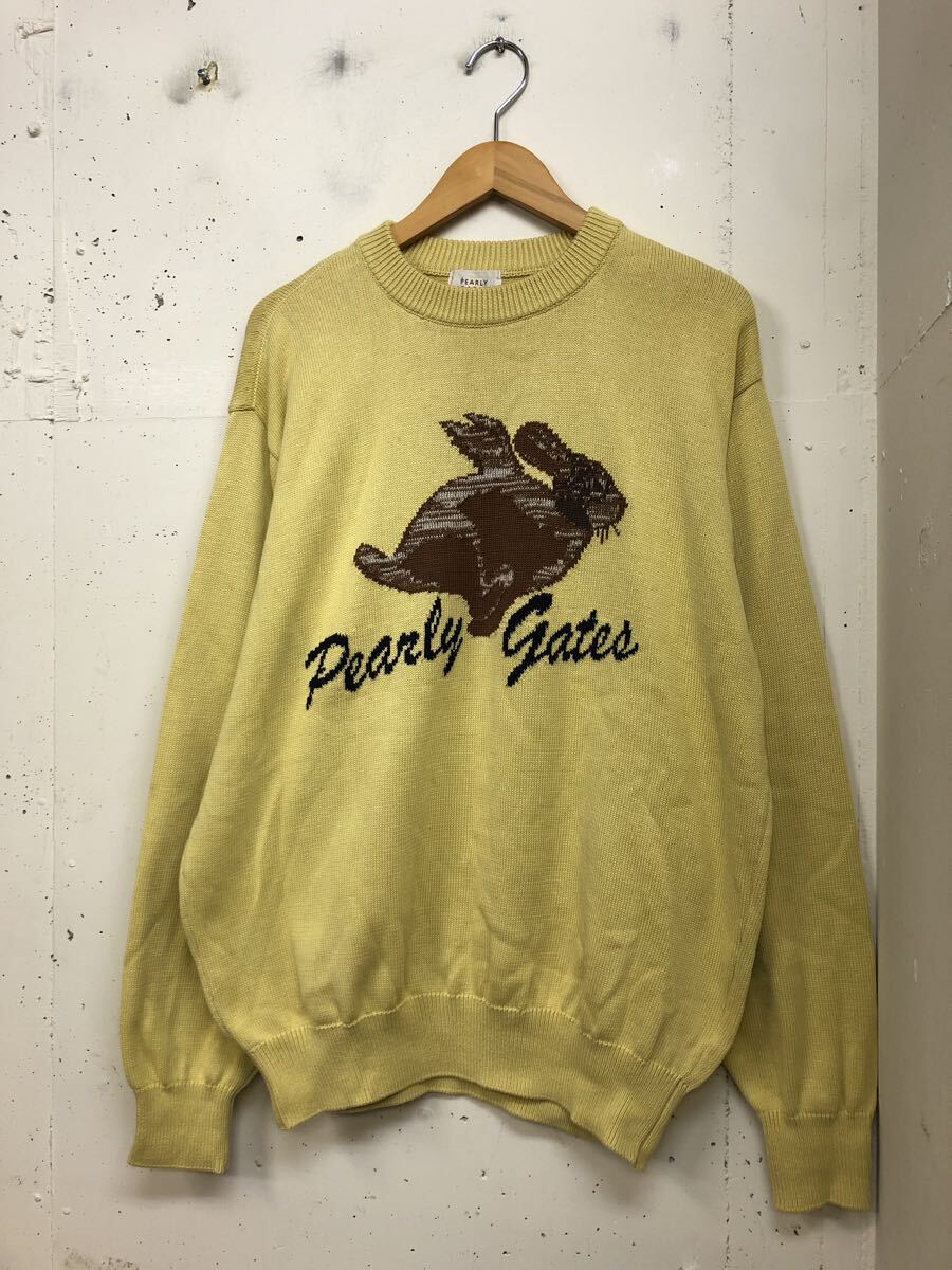 PEARLY GATES パーリーゲイツ ビッグロゴ コットンニット セーター L イエローベージュ 日本製拍卖