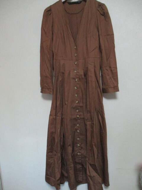 ZARA ザラ 茶Vネック長袖ロングワンピース(USED)90825②拍卖