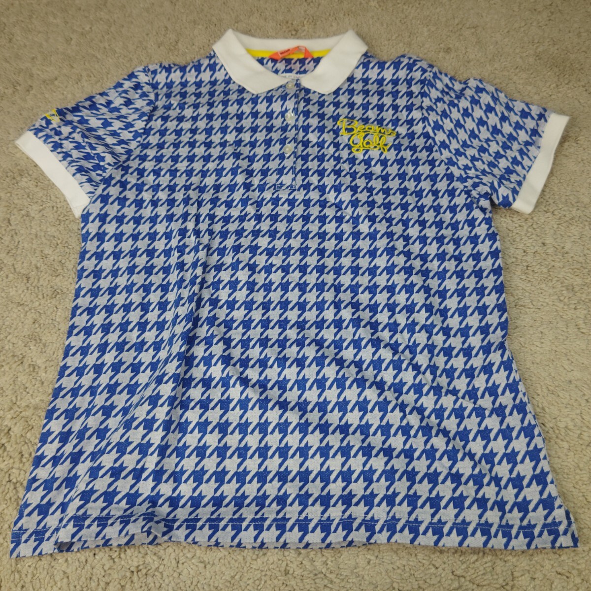 BEAMS GOLF ビームスゴルフ 半袖ポロシャツ レディース Lサイズ 千鳥格子 白×青 チェック ゴルフシャツ ロゴマーク入り 渋野日向子拍卖