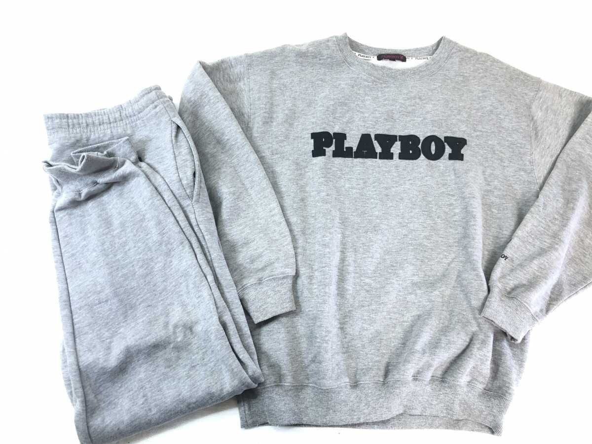プレイボーイ PLAYBOY 平成レトロ 00s ストリート スポーツ マクブリング スウェット 上下セットアップ メンズ 綿混合 裏起毛 XL/L グレー拍卖