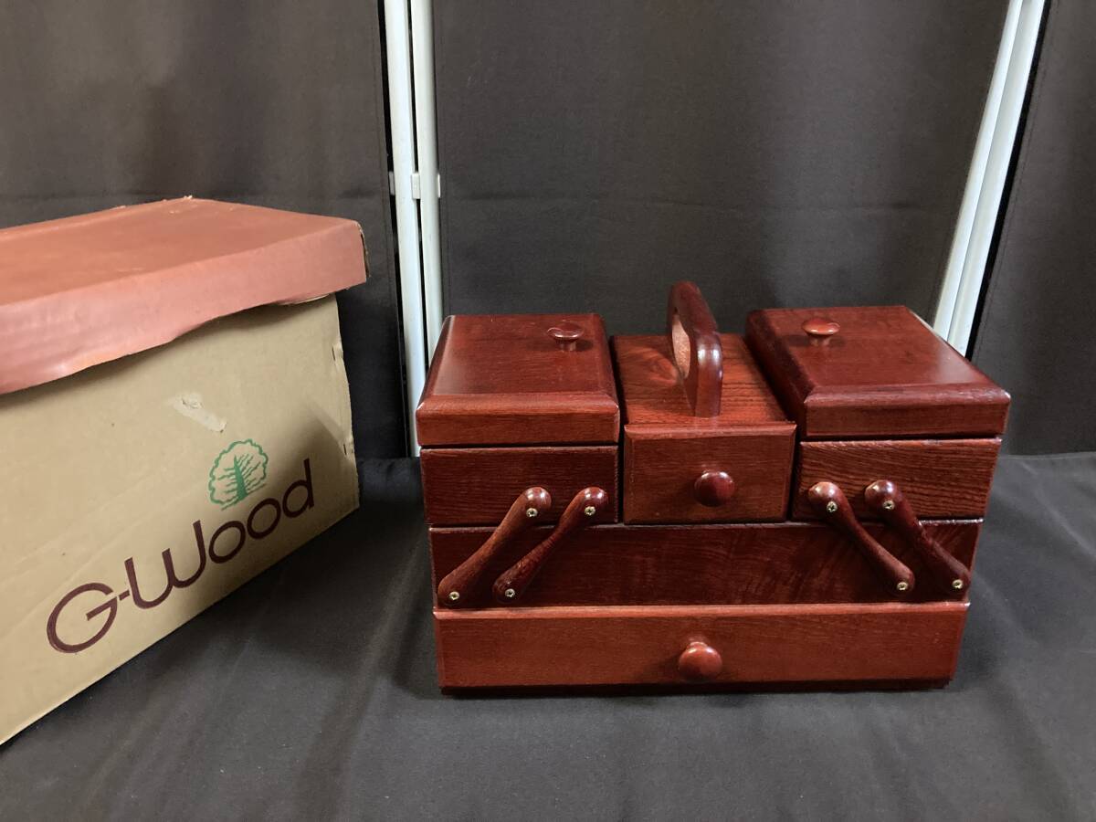 ☆G-wood◆ソーイングボックス G-584/裁縫箱/赤茶色/ワイン◆昭和 レトロ/木製/手芸/未使用/長期自宅保管拍卖