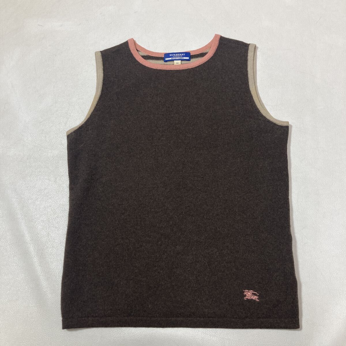 47 BURBERRY BLUE LABEL ウール カシミヤ ニットベスト クルーネック 38 レディース ホースロゴ刺繍 マルチボーダー バーバリー 50901AD拍卖