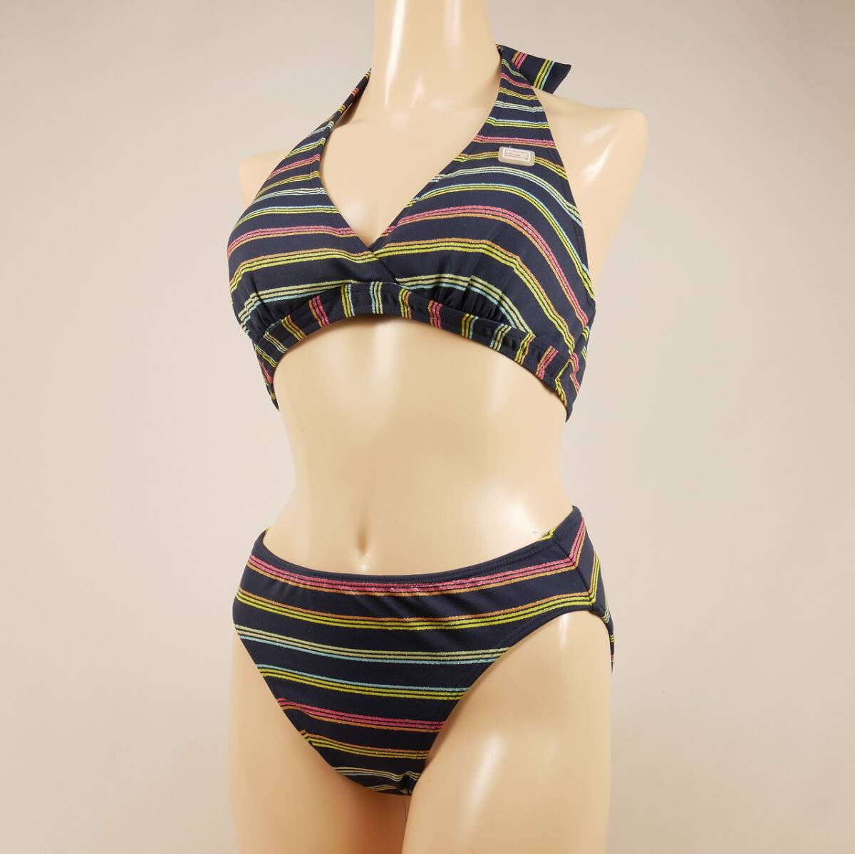 7731 レディース水着 ボーダー柄 ホルターネックビキニ 13Lサイズ ネイビー系 匿名配送拍卖