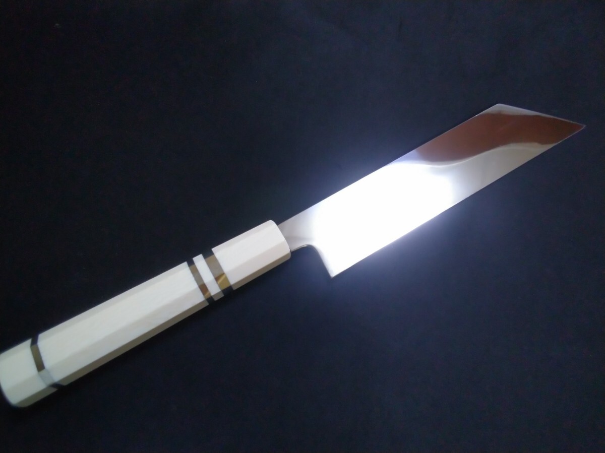 城山刃物製作所(堺業務用刃物メーカー直売)六寸 切付け型両刃包丁 超鋼スーパー本焼き(セミステン)(錆びにくい)両鏡面 白銀線三本入り柄拍卖