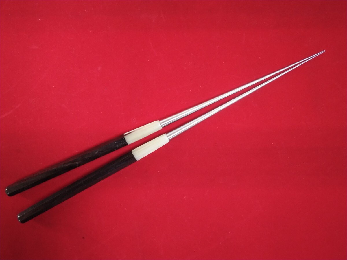 城山刃物製作所(堺業務用刃物メーカー直売)特注極細盛箸 ステンレス製 黒檀八角仕様 口金白水牛拍卖