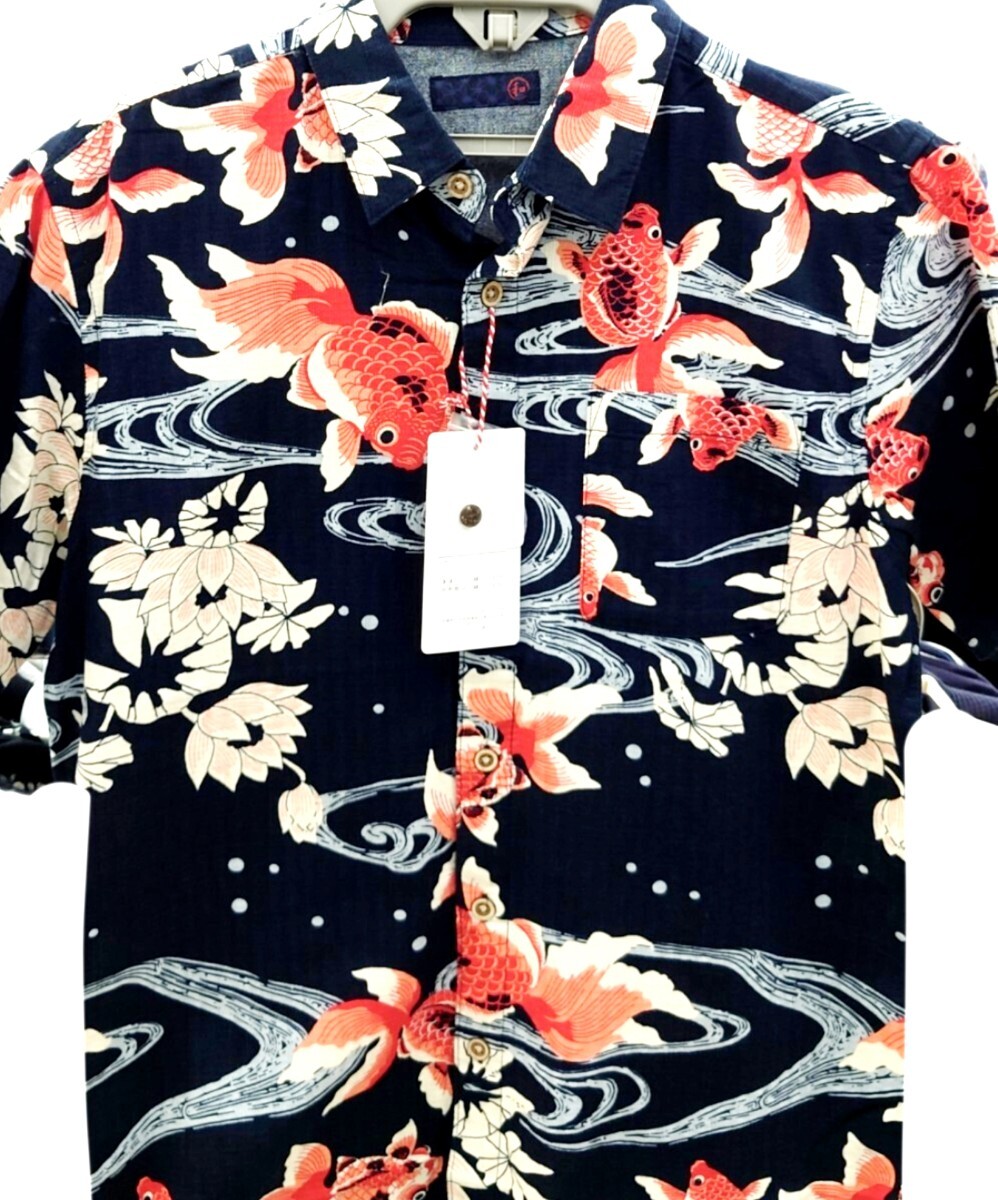 即決 金魚柄 メンズアロハシャツ【4L】新品タグ付き 開襟シャツ Tシャツ ブラック拍卖