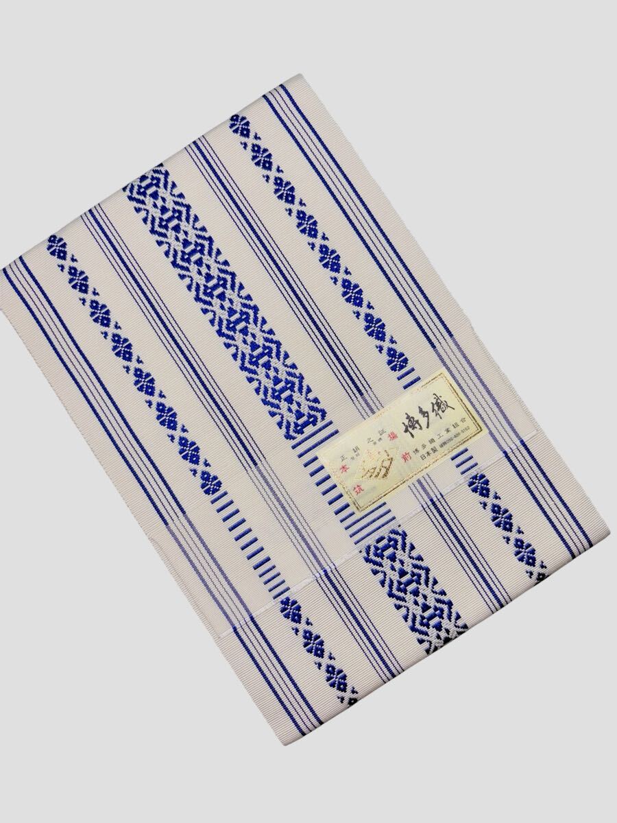 【新品未使用】博多織四寸半幅帯 献上柄 白地 青色 定番 単衣 上品 お洒落拍卖