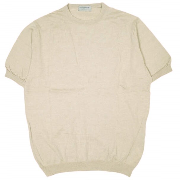 JOHN SMEDLEY ジョンスメドレー HILCOTE ウールコットン30ゲージ ショートスリーブクルーネックニット M ベージュ セーター ハイゲージ拍卖