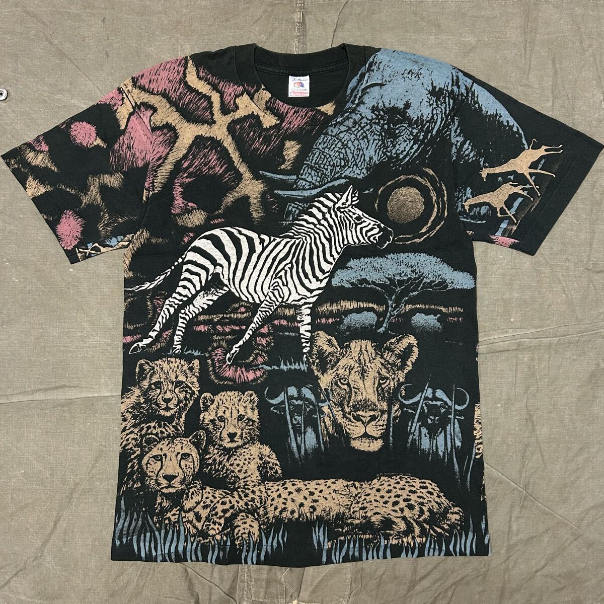 90s 希少 両面 オールオーバープリント Tシャツ アニマル サバンナ シマウマ 黒 FRUIT OF THE LOOM ヴィンテージ シングルステッチ拍卖