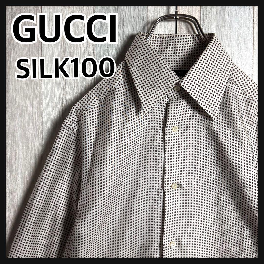 【未使用級・シルク100%】GUCCI グッチ トムフォード期 スエアドット 総柄 L/S 長袖 シャツ ホワイト&ブラウン 白茶 サイズ38 M相当拍卖
