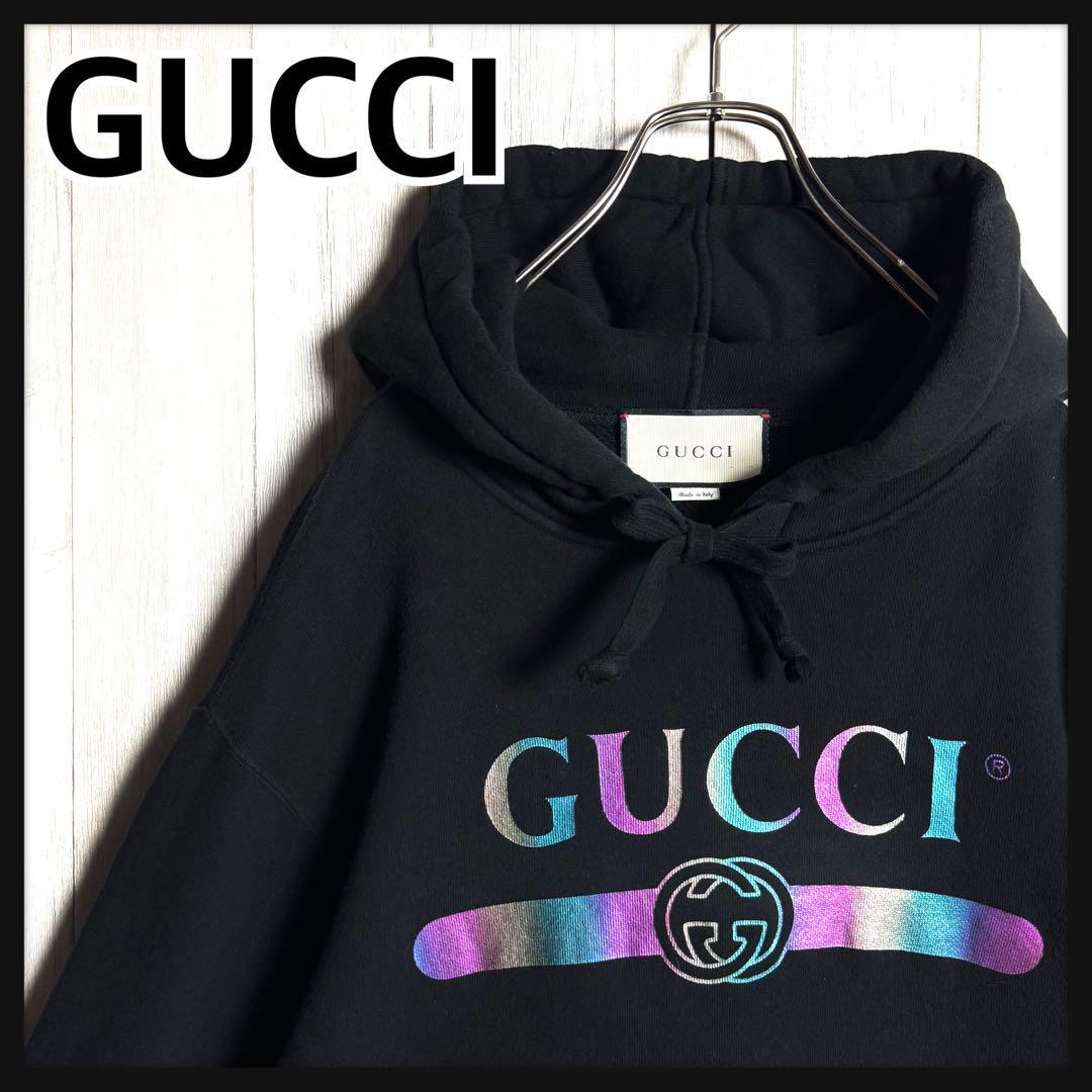 【希少デザイン・美品】イタリア製 GUCCI グッチ オーロラ センターロゴ インターロッキング スウェット パーカー ブラック・黒 実寸L相当拍卖