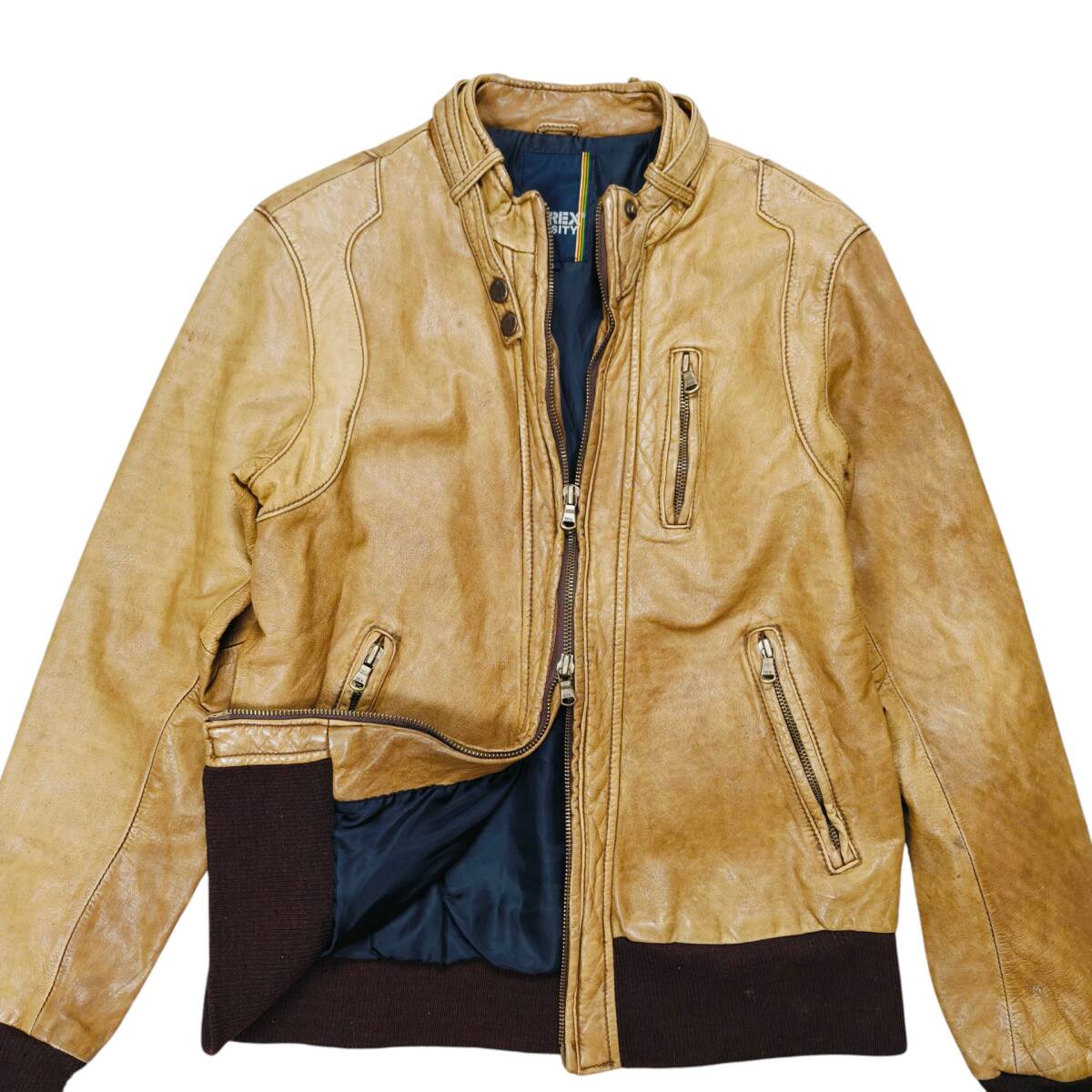 【AVIREX】牛革 レザージャケット サイズM IDEALジップ ヴィンテージ VARSITY 本革 ダブルジップ ブルゾン 上野商会 アヴィレックス拍卖