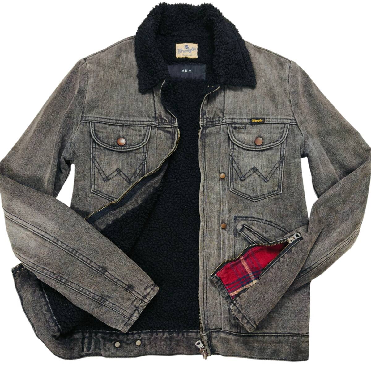 Wrangler × AKM コラボ デニムジャケット ボア ライダース Gジャン M 黒 ダブルジップ ワーク系 S9085拍卖