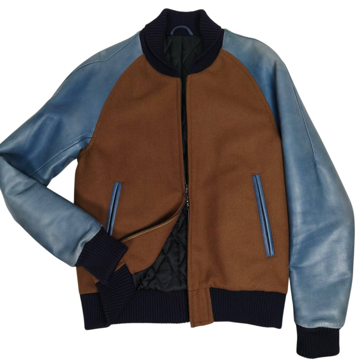 ATTACHMENT スタジャン 2(M相当)袖切替 レザー × カシミヤ混 × 中綿キルティング 松潤着用モデル ダブルジップ 日本製 アタッチメント拍卖