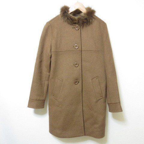 Y536 Spick and Span スピックアンドスパン ブラウン ロング ノーカラーコート 36 カシミヤ混 フォックスファー拍卖