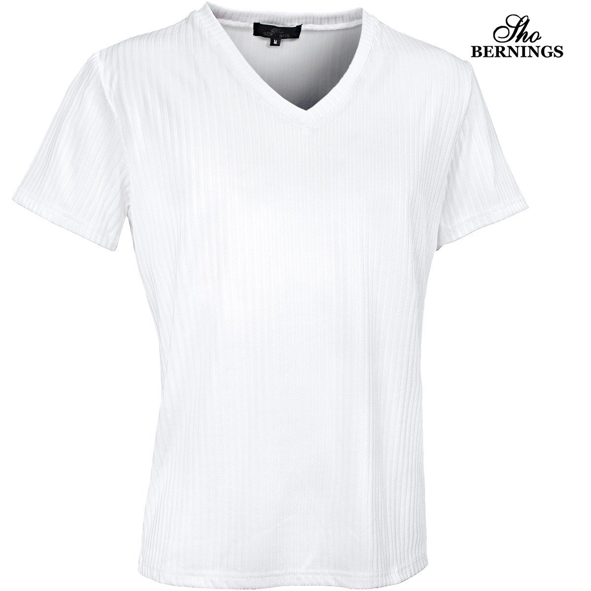 329452-01 Bernings sho Tシャツ Vネック ストライプ織柄 薄手 メンズ シンプル 半袖 (ホワイト白) XL カットソー トップス 透け感 無地拍卖