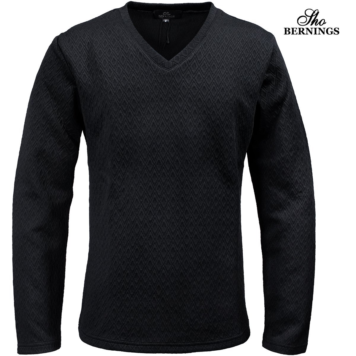 360953-90 Bernings sho Tシャツ 長袖 Vネック ダイヤ柄 ふくれジャガード シンプル ロンT mens メンズ(ブラック黒) L インナー拍卖