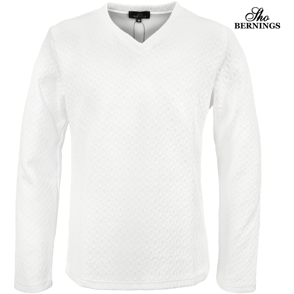 360953-01 Bernings sho Tシャツ 長袖 Vネック ダイヤ柄 ふくれジャガード シンプル ロンT mens メンズ(ホワイト白) L インナー拍卖