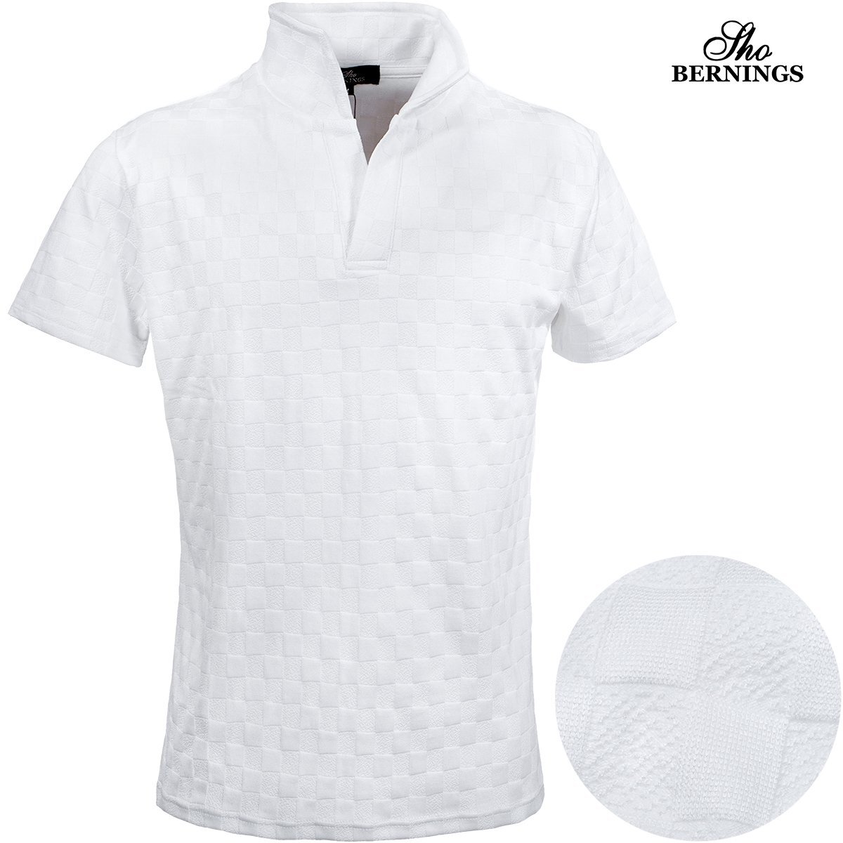 356662-01 Bernings sho ポロシャツ 半袖 イタリアンカラー 市松模様 スキッパー 襟ワイヤー 薄手 ストレッチ メンズ(ホワイト白) M拍卖