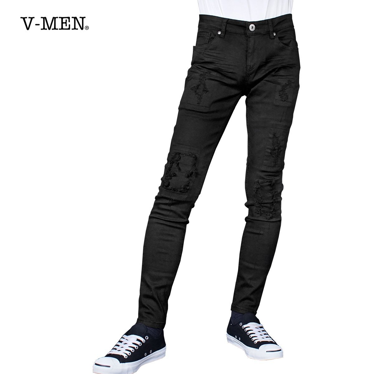 993390-09 V-men スキニーパンツ スリム シワ加工 細身 ストレッチ デニム メンズ(ブラック黒クラッシュ加工リペア) L ジーパン拍卖