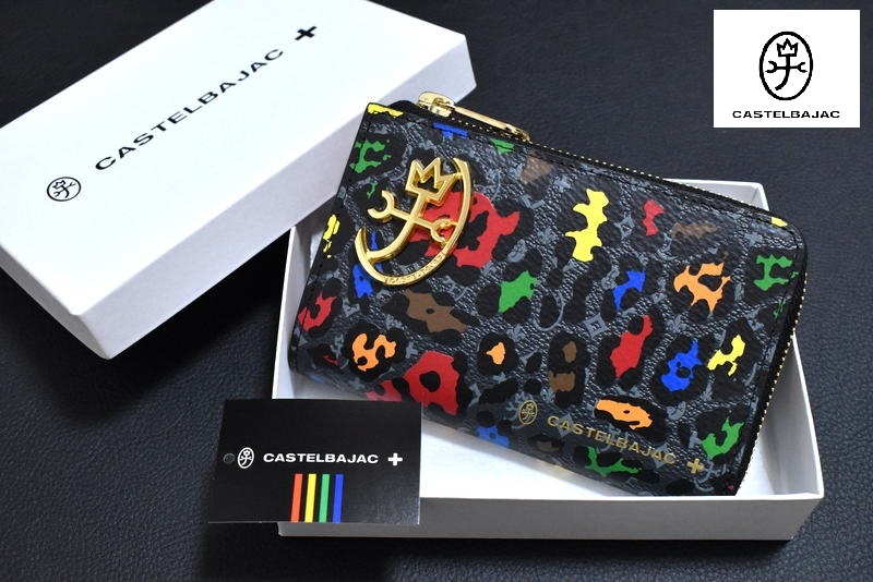 【送料無料】新品 CASTELBAJAC【レオパード】牛革 2つ折り財布 セミ長財布 029613 ブラック カステルバジャック 定価2万900円拍卖
