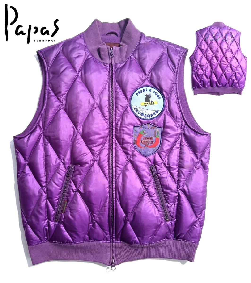 最高級【定価7万】Papas パパス キルティング ダウンベスト 48(M) L相当 メンズ 刺繍ロゴワッペン プリント【最高級グースダウン】日本製拍卖