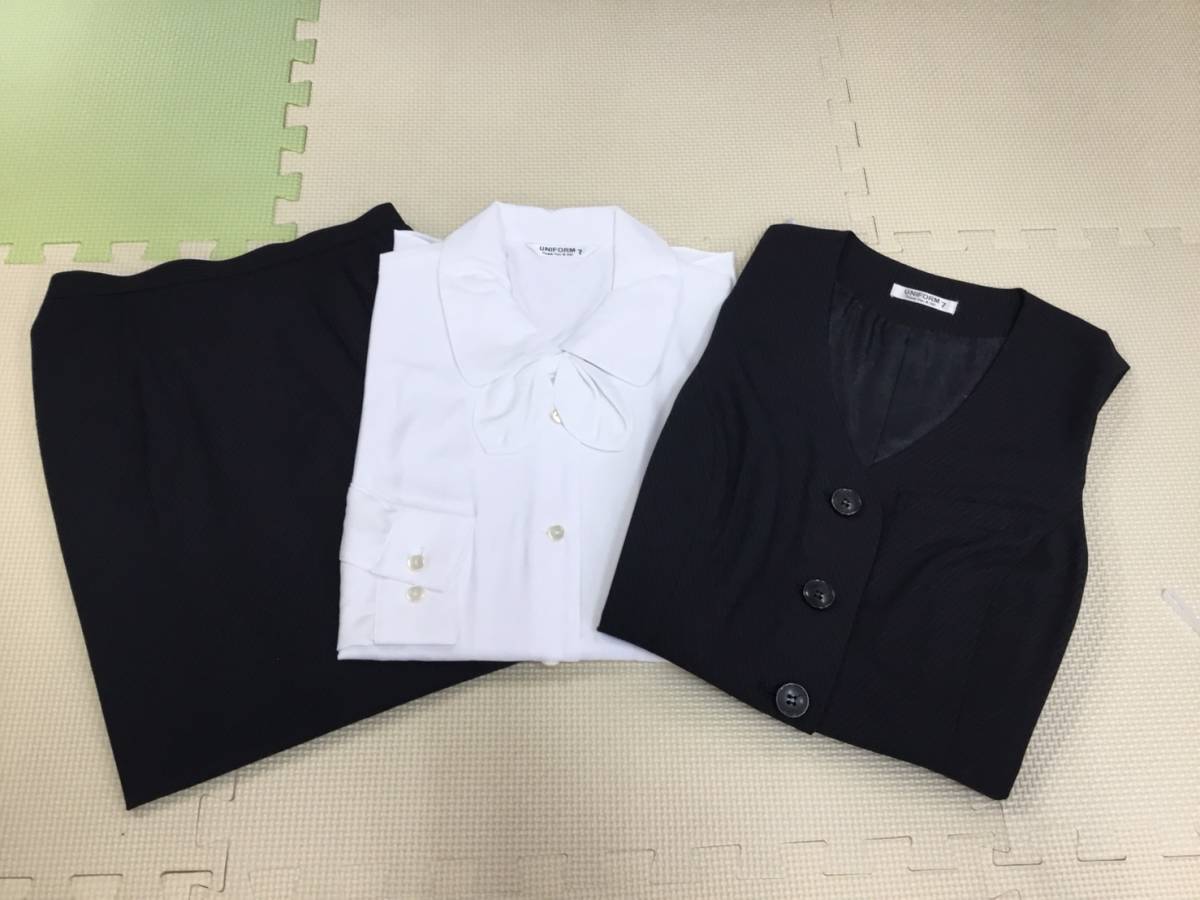 S1180 新品【UNIFORM】オフィスウェア 3点セット サイズ 7号/ベスト/スカート/ブラウス /濃紺×ストライプ/事務服/OL/制服/オールシーズン拍卖