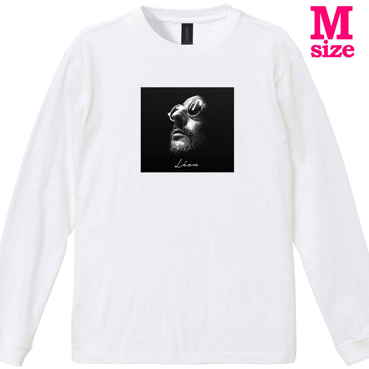 LEON レオン ジャンレノ 柄 フォトプリント リブ付き 長袖 Tシャツ ロンT カジュアル 6.0oz コットン100% ユニセックス ホワイト M拍卖