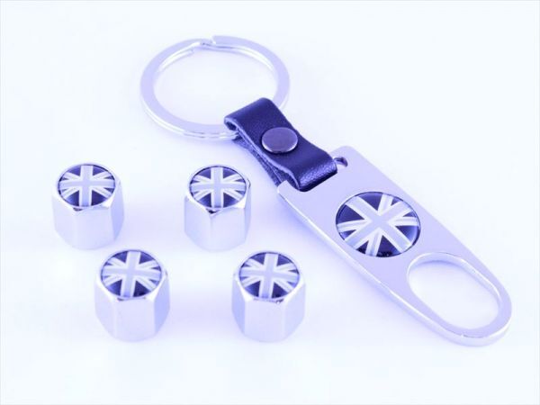 エアバルブキャップ クロームメッキ×ブラックユニオンジャック キーホルダー付き 4個セット BMW MINI(ミニ)などに エアーバルブキャップ拍卖