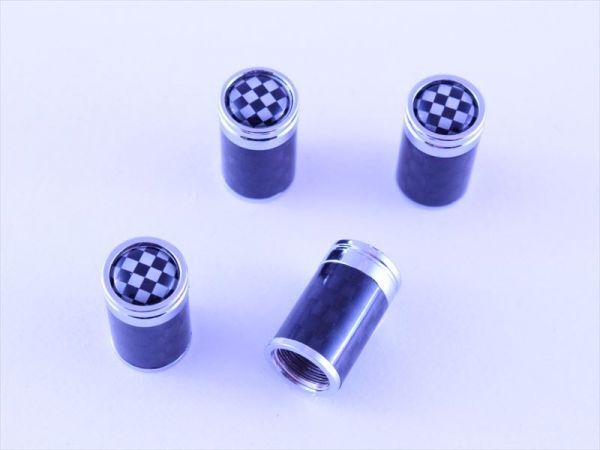 エアバルブキャップ リアルカーボン チェッカーフラッグ柄 4個セット BMW MINI(ミニ)などに エアーバルブキャップ拍卖