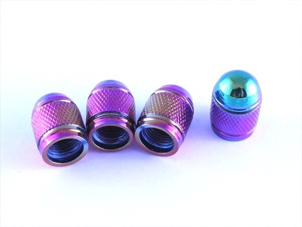 アルミ製エアバルブキャップ チタニウムレインボー 4個セット 砲弾型タイプ 汎用 チタン焼き色風拍卖