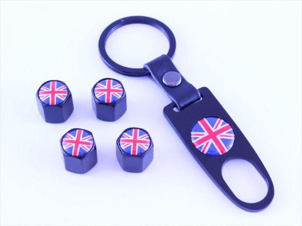 エアバルブキャップ マットブラック×ユニオンジャック キーホルダー付き 4個セット BMW MINI(ミニ)などに エアーバルブキャップ拍卖