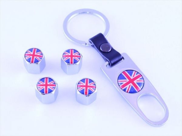 エアバルブキャップ クロームメッキ×ユニオンジャック キーホルダー付き 4個セット BMW MINI(ミニ)などに エアーバルブキャップ拍卖