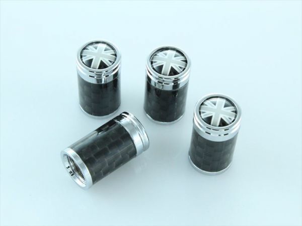 エアバルブキャップ リアルカーボン ブラックユニオンジャック 4個セット BMW MINI(ミニ)などに エアーバルブキャップ拍卖