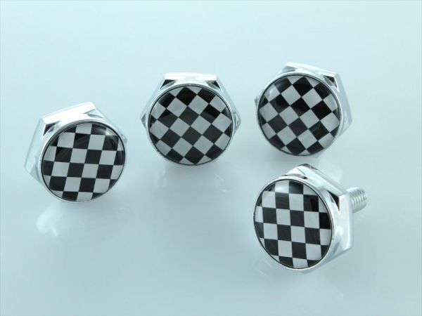 ナンバープレート ボルトカバー チェッカーフラッグ柄 4個セット 盗難抑止 汎用 BMW MINI(ミニクーパー)などに拍卖