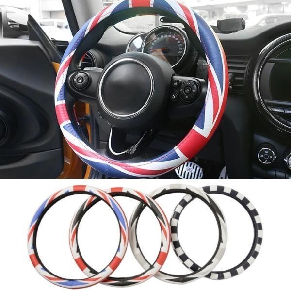 ハンドルカバー チェッカーフラッグ PUレザー製 BMW MINI ミニクーパーなどに最適 ハンドル カバー ステアリングカバー拍卖