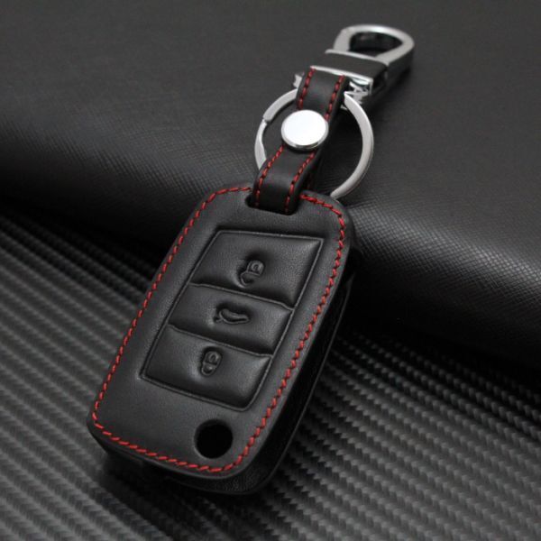 VW フォルクスワーゲン 本革 キーケース ブラックレザー×レッドステッチ ゴルフ7 パサート ビートル など Volkswagen 専用設計拍卖