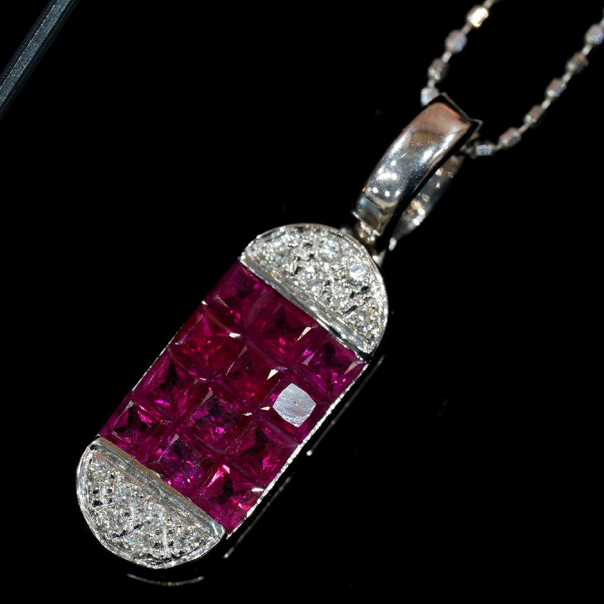 6652T【本物保証】K18WG ルビー1.3ct ダイヤモンド0.05ct ネックレス 長さ45cm アジャスター付き 総重量3.8g ホワイトゴールド拍卖