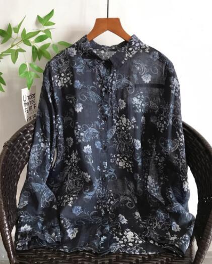 新入荷フリーサイズ ワイシャツ チュニック トップス 麻100% 大人可愛 ナチュラル サラサラ 通気性肌触り抜群 オシャレ プリント花柄拍卖