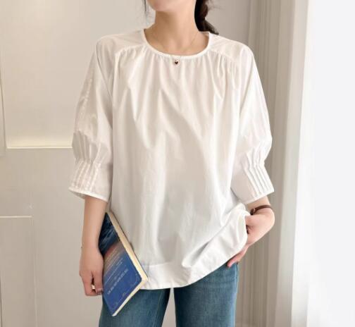 大人気純色 袖口ヒダ ゆったり フリーサイズ ワイシャツ チュニック トップス 綿100% 大人可愛 ナチュラル ホワイト拍卖